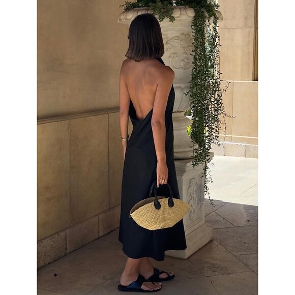 Commense Elegant Old Money Halter Backless Satin Long Dress Black Minimalist M - Picture 2 of 8